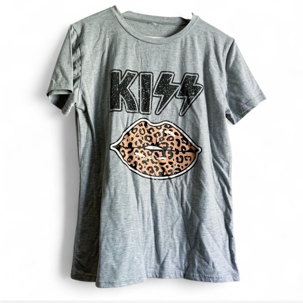 Kiss Animal Print Lips Graphic Band Tee Size L